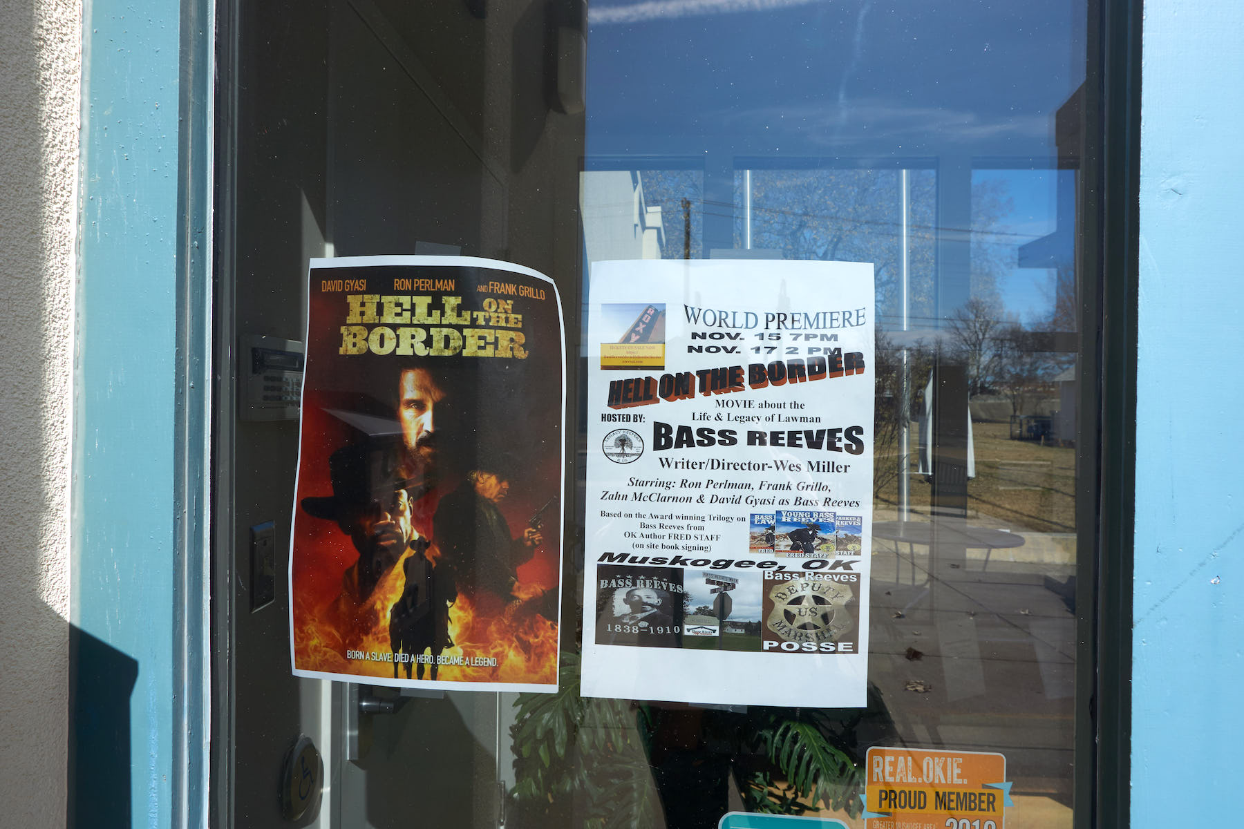 Three Rivers Museum door with movie poster